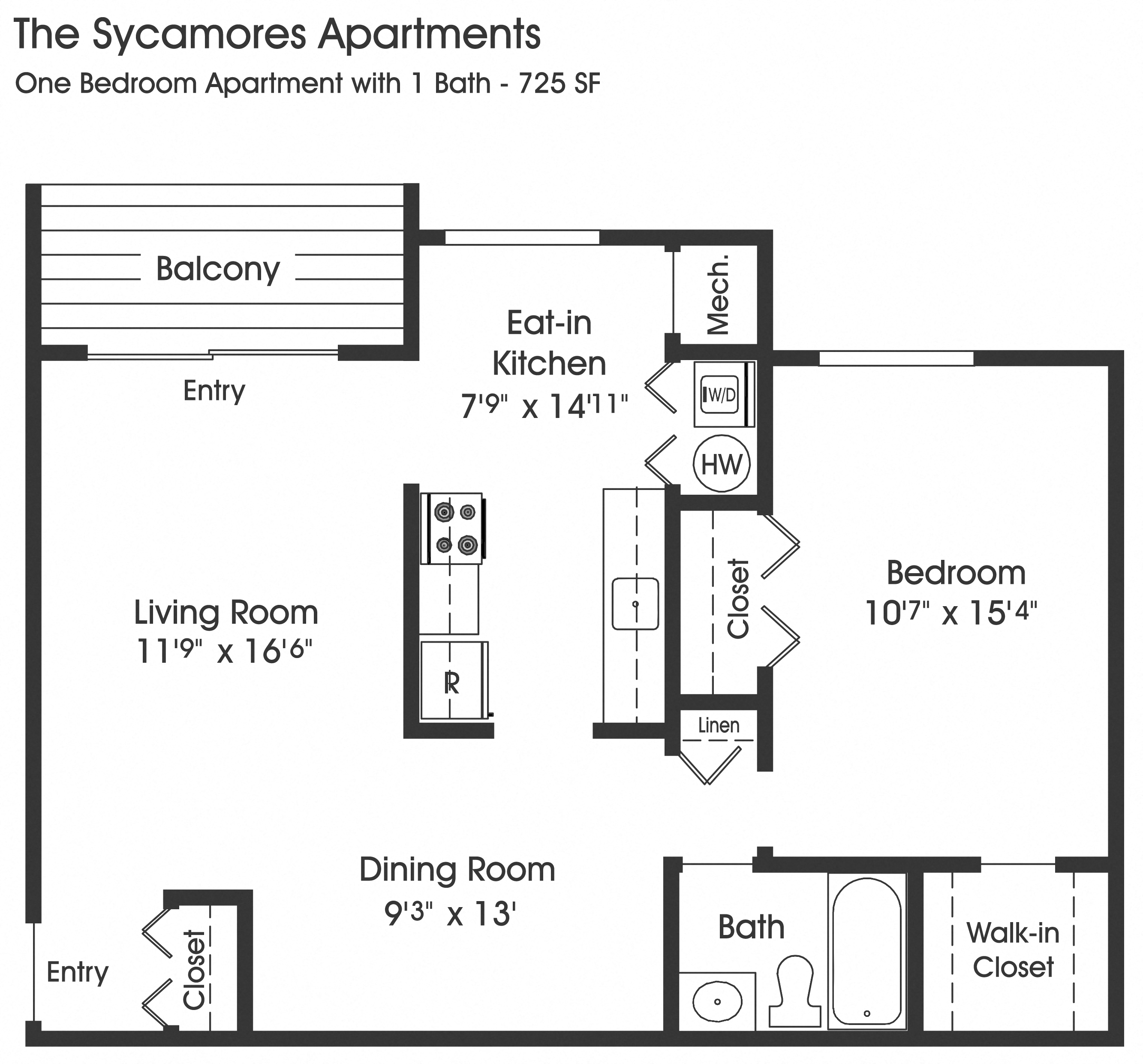 Floor plan for 1 bed, 1 bath, 725 sqft